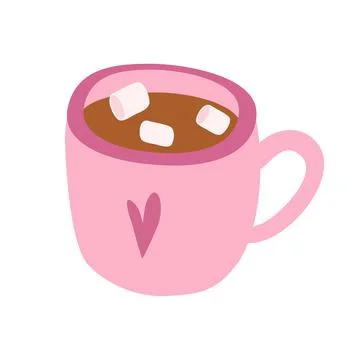 Ceramic pink cup of cocoa, coffee with marshmallows and hearts. Coffee, tea, Stock Illustration