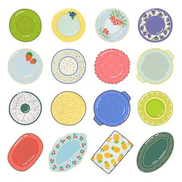 Ceramic plate set. Kitchenware bundle. Porcelain dish with decorative element Stock Illustration