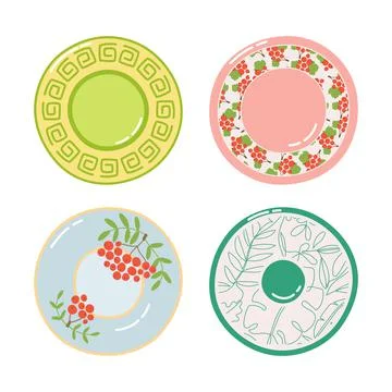 Ceramic plate set. Kitchenware bundle. Porcelain dish with decorative element Stock Illustration