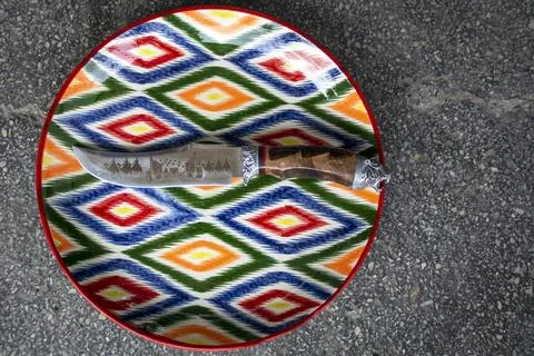 Ceramic plates with the typical Uzbek pattern. 写真素材