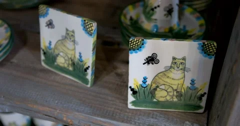 Ceramic polychrome decorated dishes in Russian traditions, drawing "Cat" Stock Footage 66292844