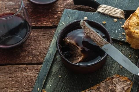Ceramic pot with liver pate, rustic style Stock Photos