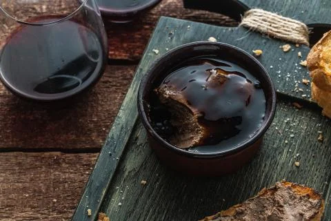 Ceramic pot with liver pate, rustic style Stock Photos
