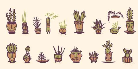 Ceramic pots with cactus comic faces. Different doodle Stock Illustration