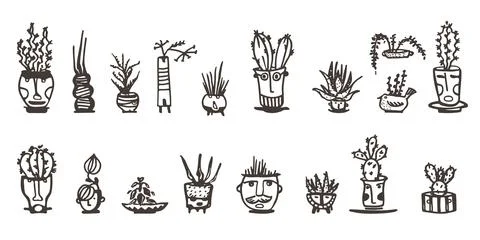 Ceramic pots with cactus comic faces. Black doodle emotions Stock-Illustration