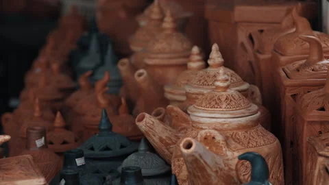 Ceramic pots for tea ceremony on sell at asian street market Stock Footage 304222652