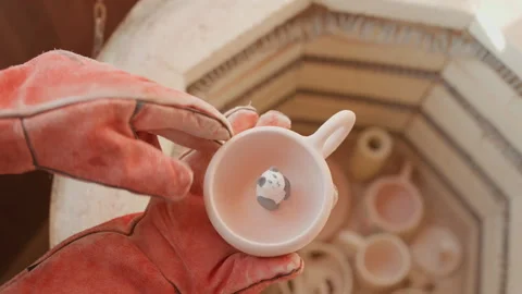 Ceramic pottery inspection. Closeup of glove inspection on ceramic piece. Warm Video stock 337364324