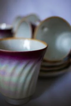 Ceramic Purple Tea Set. Close-up Stock Photos