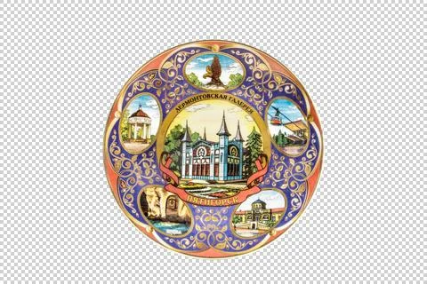 Ceramic souvenir toy in the form of plate with beautiful color painting on is Stock Photos