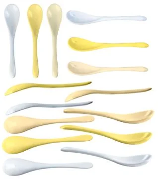 Ceramic spoon, white, yellow, isolate on a white background, photo. Stock Photos