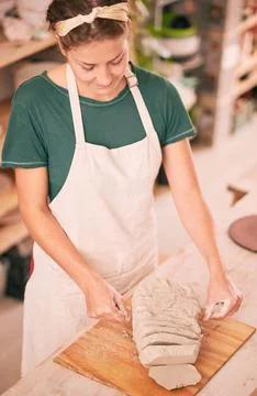 Ceramic store, creative pottery and woman doing sculpture design mold Fotos Stock