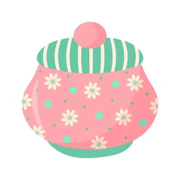 Ceramic sugar bowl with flower pattern. Decorative kitchen tool, household ut Stock Illustration