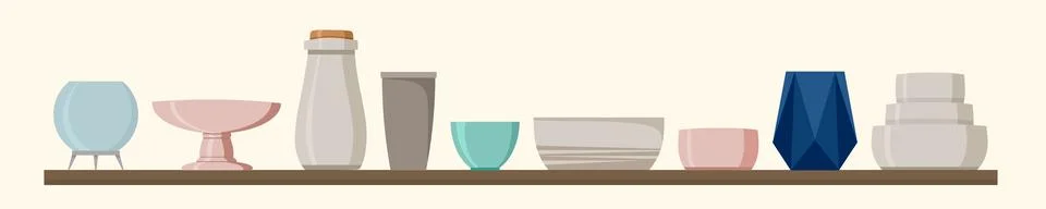 Ceramic tableware on the shelf set. Stock Illustration