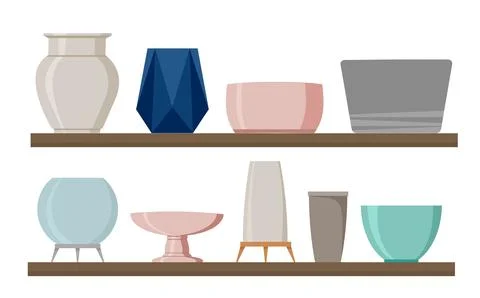 Ceramic tableware on the shelf set. Stock Illustration
