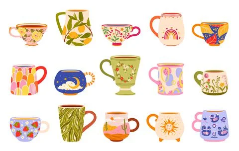 Ceramic tea cups and coffee mugs, kitchen crockery イラスト素材