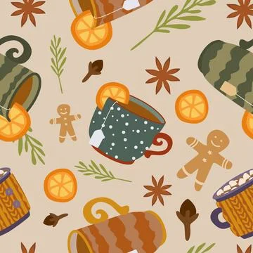 Ceramic tea cups and mugs seamless pattern. Vector Flat cartoon background .. Stock Illustration