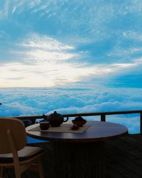 Ceramic tea set and dry tea leave on a wooden table and chair on the balcony  Stock Illustration