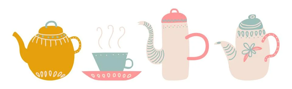 Ceramic Teapot and Cup for Tea Brewing and Drinking Vector Set Stock Illustration