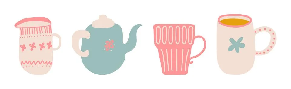 Ceramic Teapot and Cup for Tea Brewing and Drinking Vector Set Stock Illustration