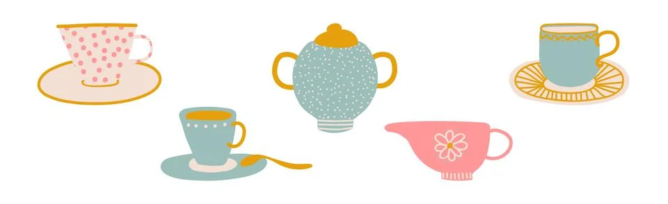 Ceramic Teapot and Cup for Tea Brewing and Drinking Vector Set Stock Illustration
