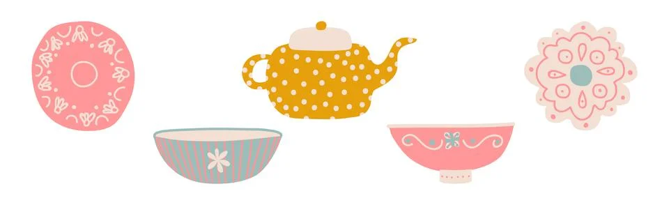 Ceramic Teapot and Cup for Tea Brewing and Drinking Vector Set Stock Illustration