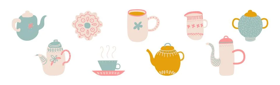 Ceramic Teapot and Cup for Tea Brewing and Drinking Vector Set Stock Illustration