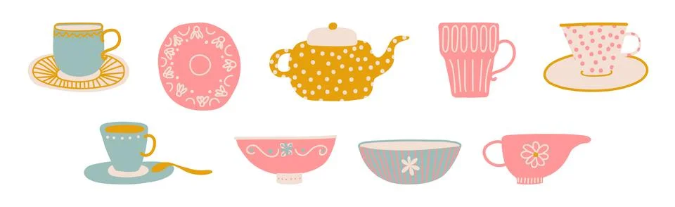 Ceramic Teapot and Cup for Tea Brewing and Drinking Vector Set Stock Illustration
