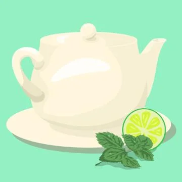 Ceramic Teapot with mint Tea and Green Leaves Stock Illustration