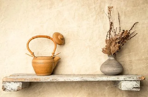 Ceramic teapot on a shelf, copy space for promo or ad, banner Stock Photos