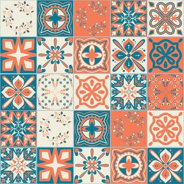 Ceramic tile design orange blue contrast color, square ceramic tiles, vector  イラスト素材