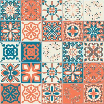 Ceramic tile design orange blue color, square ceramic tiles in Spanish Azulej Ilustración de archivo