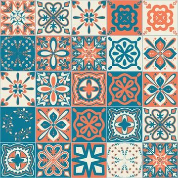 Ceramic tile design orange blue contrast color, square ceramic tiles in Spani 库存插图
