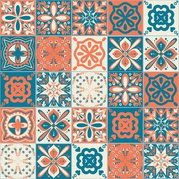 Ceramic tile design orange blue contrast color, square ceramic tiles in Spa.. Illustrazione stock