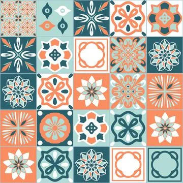 Ceramic tile design orange gray blue color, square ceramic tiles, vector illu Stock Illustration