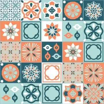 Ceramic tile design orange gray blue color, square ceramic tiles in Spanish A Ilustración de archivo
