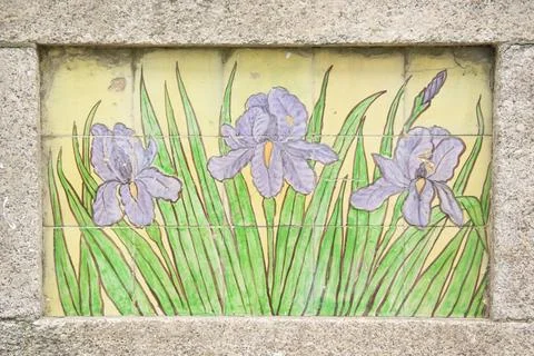 Ceramic Tile Panel with Iris Flower Design Stock Photos