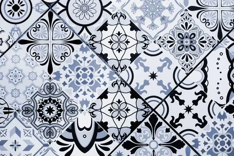 Ceramic tile pattern. Eclectic style vintage tiles with floral and geometric  Stock Photos