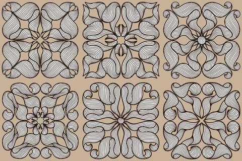 Ceramic tile pattern with wave line curls. Mediterranean porcelain pottery. Illustrazione stock