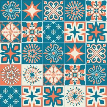 Ceramic tile with square patterns orange blue color, trendy patchwork ceramic Illustrazione stock
