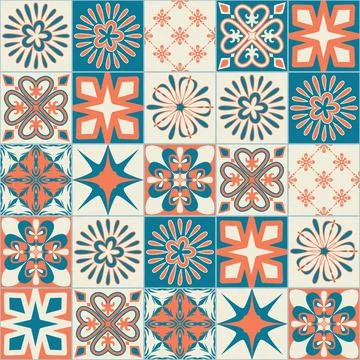 Ceramic tile with square patterns orange blue color, trendy patchwork ceramic Illustrazione stock