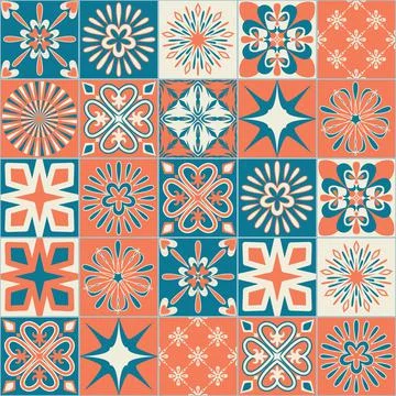 Ceramic tile with square patterns orange blue color, trendy patchwork ceramic Illustrazione stock