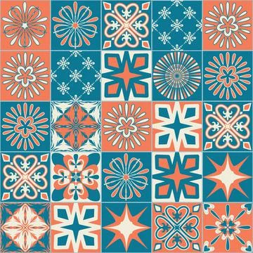 Ceramic tile with square patterns orange blue color Stockillustratie