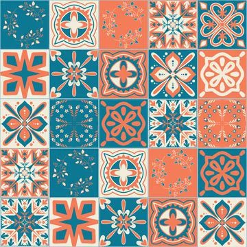 Ceramic tile with square patterns orange blue color, trendy patchwork vector  Illustrazione stock