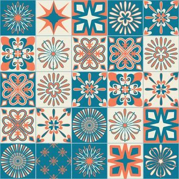 Ceramic tile with square patterns orange blue color, trendy patchwork ceramic Illustrazione stock