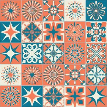 Ceramic tile with square patterns orange blue color, trendy patchwork ceramic Illustrazione stock