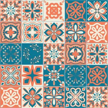Ceramic tile with square patterns orange blue color, trendy patchwork ceramic Illustrazione stock