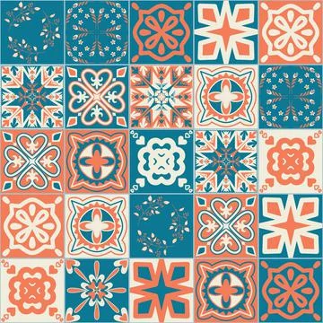 Ceramic tile with square patterns orange blue color, trendy patchwork ceramic Illustrazione stock