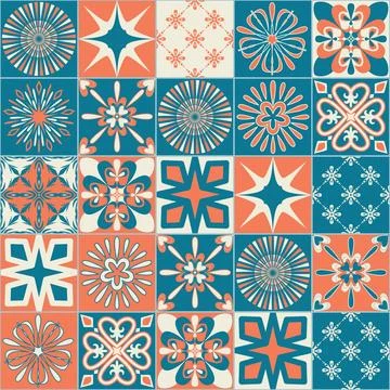 Ceramic tile with square patterns orange blue color Stockillustratie