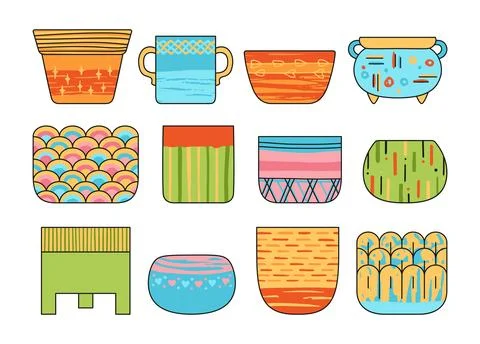 Ceramic vase pot for flowers set stylized textured earthenware flower vases Stock Illustration
