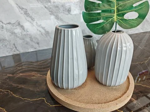Ceramic Vases and Monstera Leaf on Marble Countertop Fotos Stock